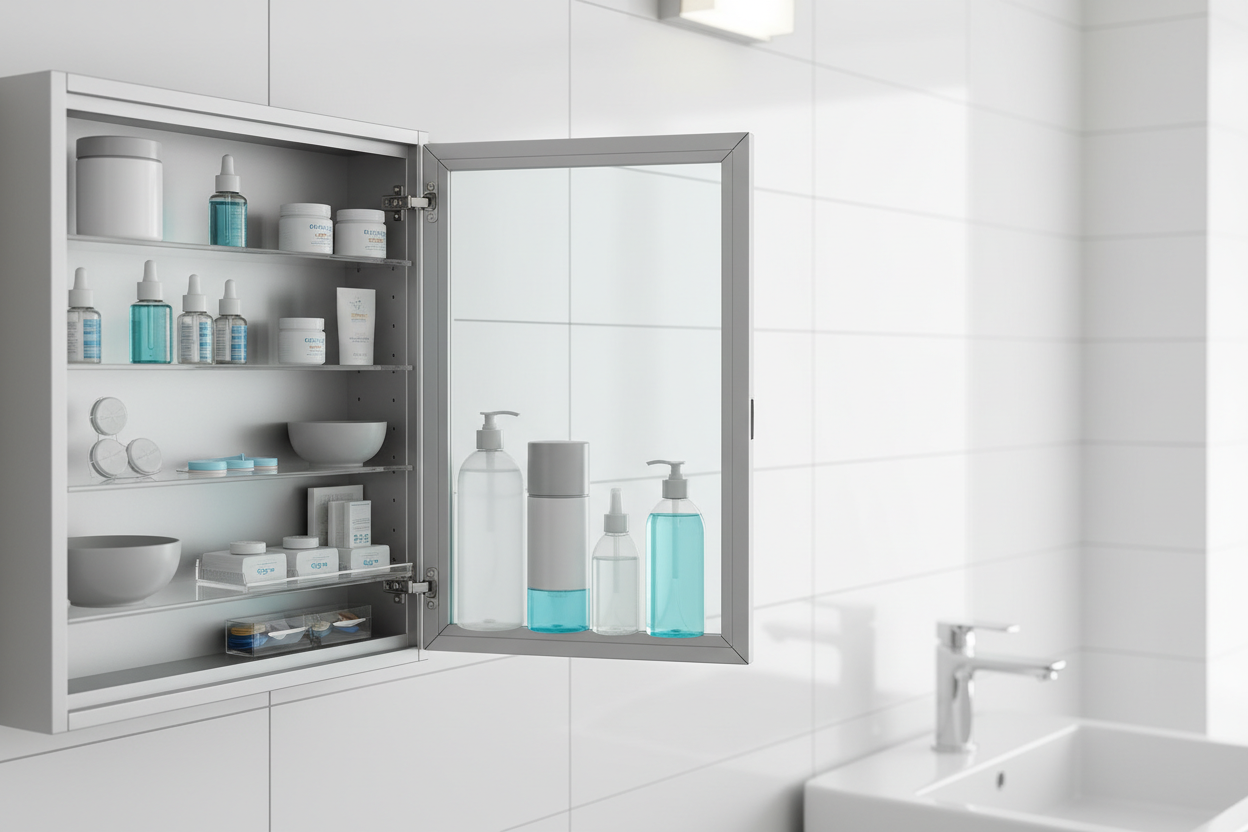 medicine cabinet with eye care products in a bathroom. no text 